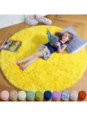 〽️Yellow Round Plush Shag Area Rug 4Ft Bedroom Kids Nursery Dorm Fluffy Carpet